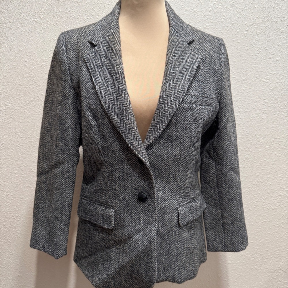 Andre Barreau Harris Tweed Herringbone Wool Blazer Grey Size 12 USA Made *Read